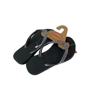 10C Havaianas Girls New Flip Flop Sandals Black Dark Metallic Glitter